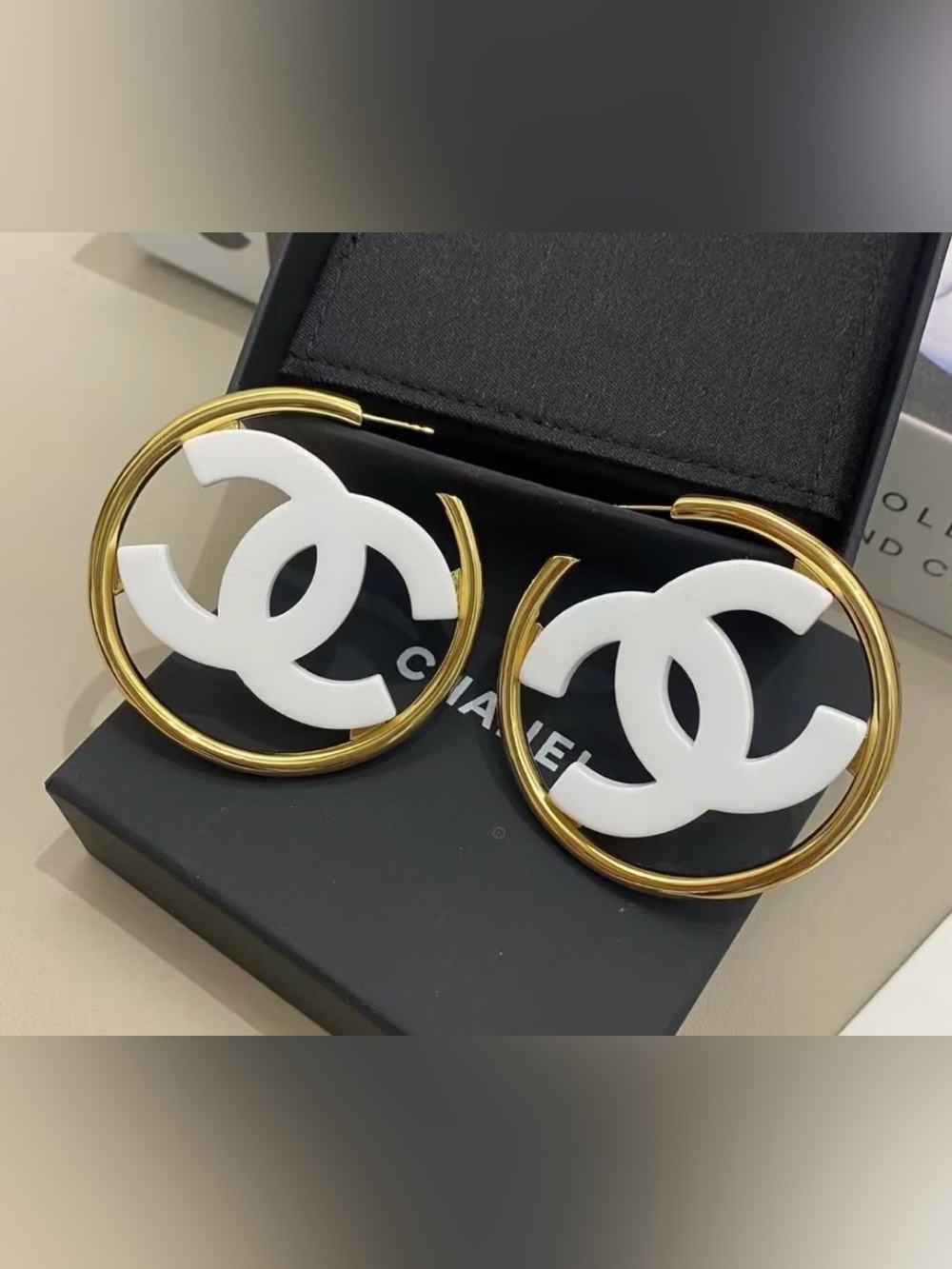 ChaneI .. Oversized Logo White and Gold Earrings